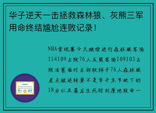 华子逆天一击拯救森林狼、灰熊三军用命终结尴尬连败记录！