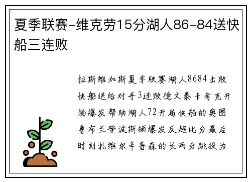 夏季联赛-维克劳15分湖人86-84送快船三连败